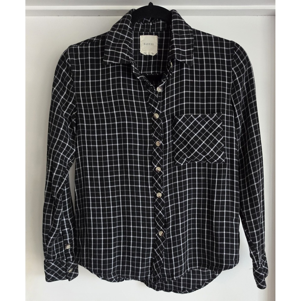 Harper Women's Blouse XS Long Sleeve Plaid Black White Rayon Button-Up